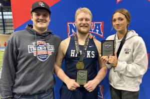 Dylan Dahlgren, Galen Brantley III and Adarra Hagelund at the NAIA Indoor Track and Field National Championships in Brookings, South Dakota. (Photo provided)
