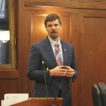 Sen. Jesse Bjorkman, R-Nikiski, speaks in opposition to an executive order that would abolish the Board of Certified Direct-Entry Midwives during a joint legislative session on Tuesday, March 12, 2024 in Juneau, Alaska. (Ashlyn O'Hara/Peninsula Clarion)