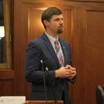 Sen. Jesse Bjorkman, R-Nikiski, speaks in opposition to an executive order that would abolish the Board of Certified Direct-Entry Midwives during a joint legislative session on Tuesday, March 12, 2024 in Juneau, Alaska. (Ashlyn O'Hara/Peninsula Clarion)