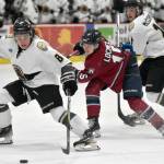 Kenai River Brown Bears forward Dylan Contreras protects the puck from Fairbanks Ice Dogs defenseman Ingus Locmelis on Saturday, March 16, 2024, at the Soldotna Regional Sports Complex in Soldotna, Alaska. (Photo by Jeff Helminiak/Peninsula Clarion)