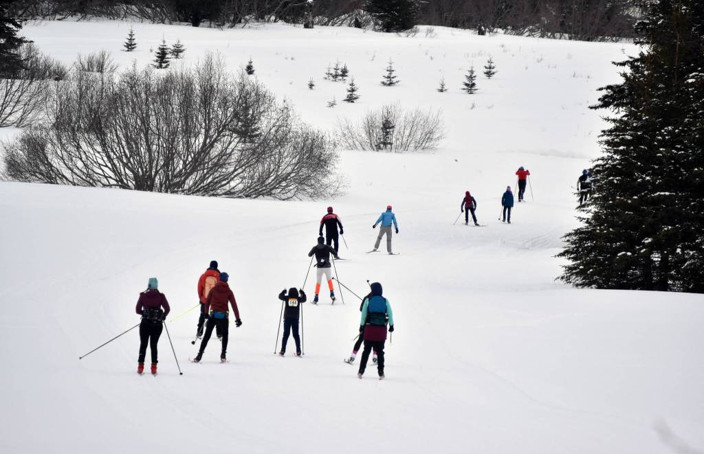 Skiers tackle the Kachemak Ski Marathon just outside of Homer, Alaska, on Saturday, March 16, 2024. (Photo by Erin Thompson/Peninsula Clarion)