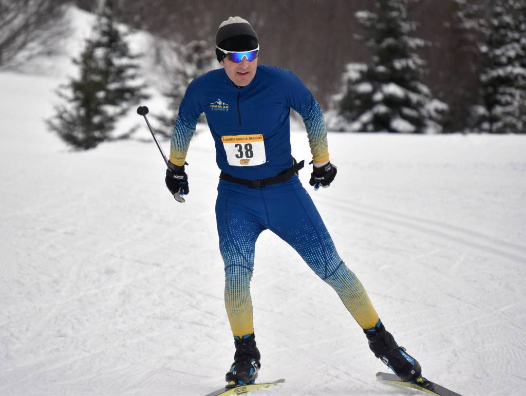 Anchorages Benji Uffenbeck skis to victory in the 42-kilometer mens race at the Kachemak Ski Marathon just outside of Homer, Alaska, on Saturday, March 16, 2024. (Photo by Erin Thompson/Peninsula Clarion)