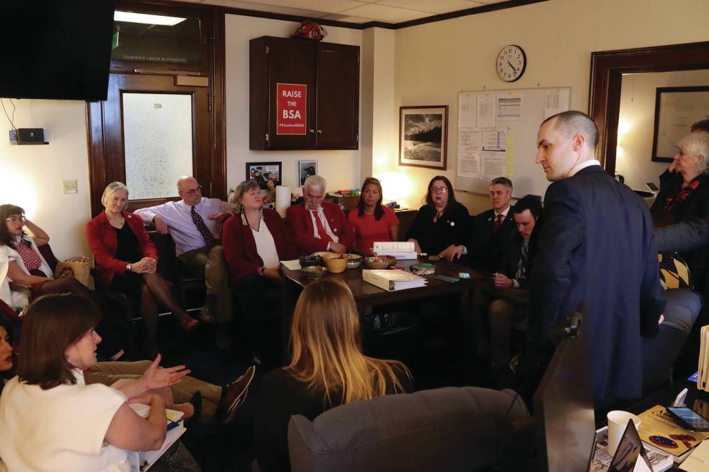 House Minority Leader Calvin Schrage, an Anchorage independent, presides over a press conference following the Legislatures failed override vote of S.B. 140 on Monday, March 18, 2024. (Mark Sabbatini/Juneau Empire)