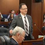 Rep. Ben Carpenter, a Nikiski Republican, speaks in opposition to overriding a veto of Senate Bill 140 during floor debate of a joint session of the Alaska State Legislature on Monday, March 18, 2024. (Mark Sabbatini/Juneau Empire)