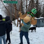 Nugget the Moose proceeds down Sweeneys Alley during the Sweeneys St. Patricks Day Parade in Soldotna, Alaska, on Sunday, March 17, 2024. (Photo provided by Soldotna Chamber of Commerce)