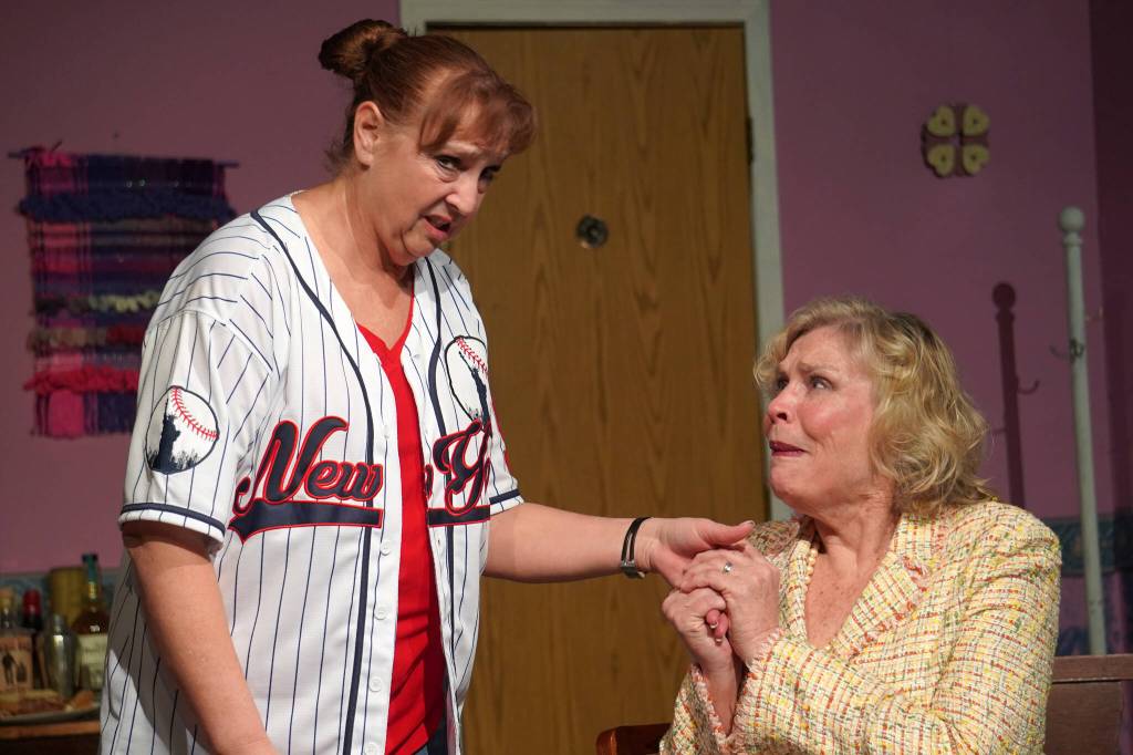 Donna Shirnberg and Terri Zopf-Schoessler rehearse The Odd Couple: The Female Version at the Kenai Performers Theater near Soldotna, Alaska, on Tuesday, March 19, 2024. (Jake Dye/Peninsula Clarion)