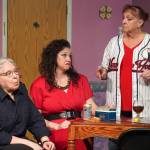 Yvette Tappana, Amy Burton and Donna Shirnberg rehearse The Odd Couple: The Female Version at the Kenai Performers Theater near Soldotna, Alaska, on Tuesday, March 19, 2024. (Jake Dye/Peninsula Clarion)