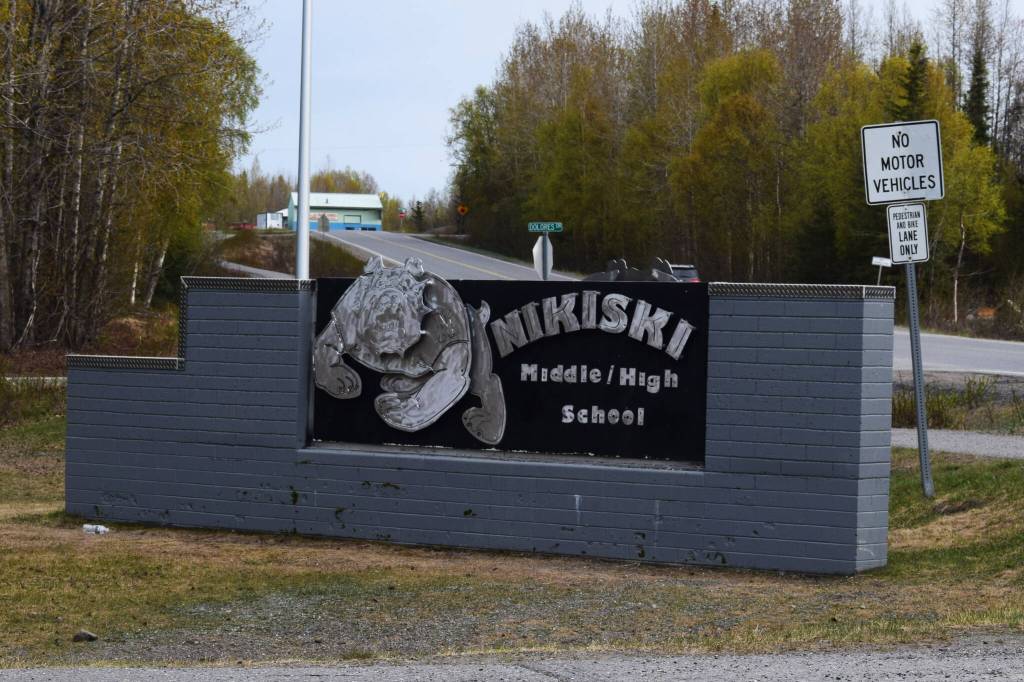 Signage marks the entrance to Nikiski Middle/High School on Monday, May 16, 2022, in Nikiski, Alaska. (Ashlyn OHara/Peninsula Clarion)