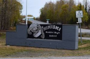 Signage marks the entrance to Nikiski Middle/High School on Monday, May 16, 2022, in Nikiski, Alaska. (Ashlyn OHara/Peninsula Clarion)
