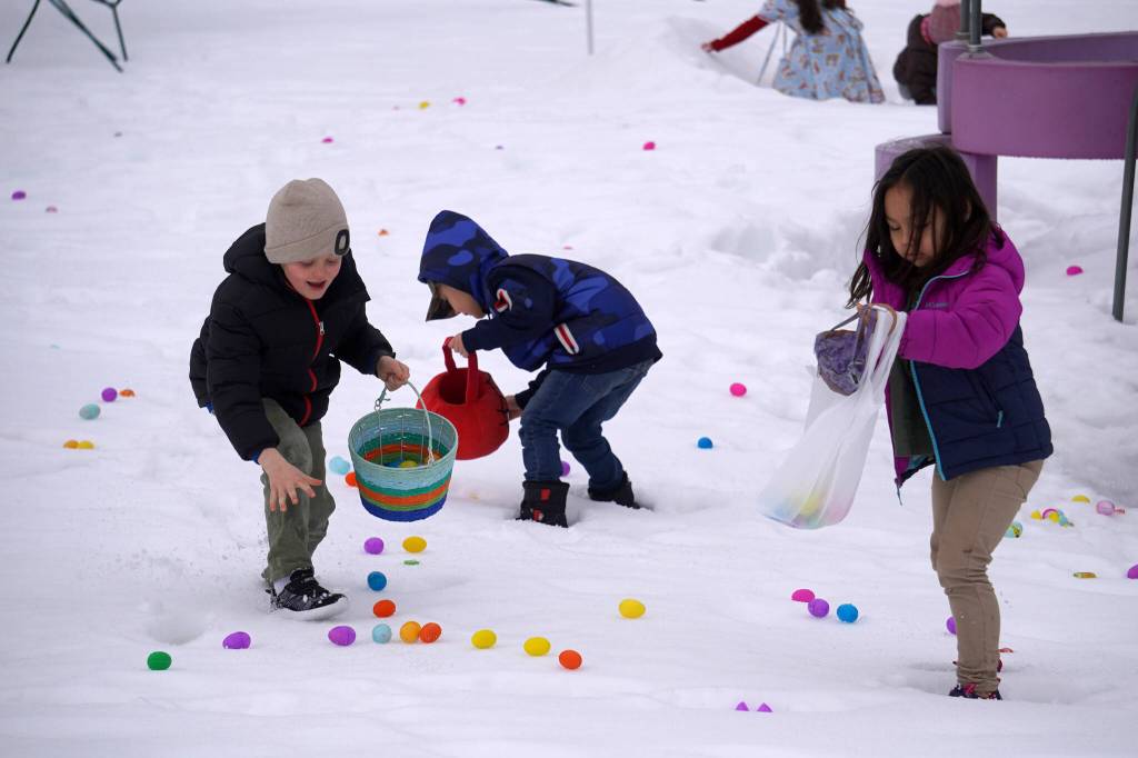 Children hunt for Easter eggs during the Easter Eggstravaganza at Nikiski Community Recreation Center in Nikiski, Alaska, on Saturday, March 23, 2024. (Jake Dye/Peninsula Clarion)