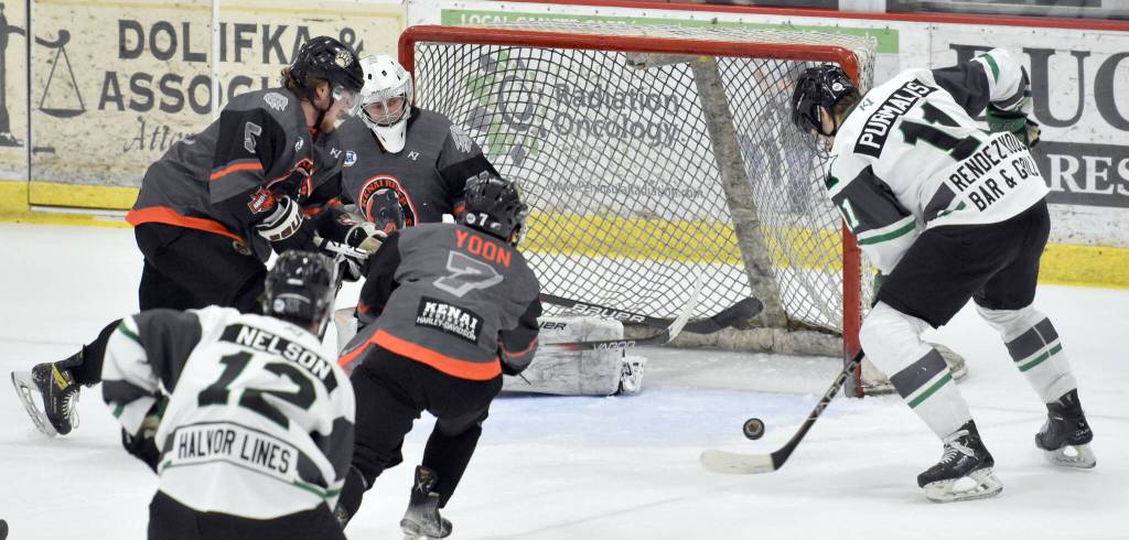 Minnesota Wilderness forward Peteris Purmalis cant settle the puck in time to score Saturday, March 23, 2024, at the Soldotna Regional Sports Complex in Soldotna, Alaska. (Photo by Jeff Helminiak/Peninsula Clarion)