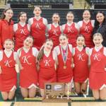 The Kenai Central cheerleading team. Top row, left to right: assistant coach Keelin McGraw, Bella Croom, MacKenzie Fann, Kimber Moore, Sylvia McGraw, Taya Swick, coach Cassi Holmes. Bottom row, left to right: Cara Graves, Ellee Pancoast, Kayani Whicker, Sarah Baisden, Ella Romero, Makenzie Harden. (Photo provided)