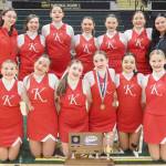 The Kenai Central cheerleading team. Top row, left to right: assistant coach Keelin McGraw, Bella Croom, MacKenzie Fann, Kimber Moore, Sylvia McGraw, Taya Swick, coach Cassi Holmes. Bottom row, left to right: Cara Graves, Ellee Pancoast, Kayani Whicker, Sarah Baisden, Ella Romero, Makenzie Harden. (Photo provided)