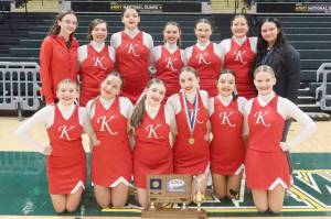 The Kenai Central cheerleading team. Top row, left to right: assistant coach Keelin McGraw, Bella Croom, MacKenzie Fann, Kimber Moore, Sylvia McGraw, Taya Swick, coach Cassi Holmes. Bottom row, left to right: Cara Graves, Ellee Pancoast, Kayani Whicker, Sarah Baisden, Ella Romero, Makenzie Harden. (Photo provided)