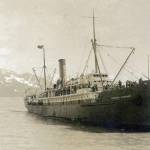 from the Robert McEaneney Collection, courtesy of Alaska Digital Archives
The S.S. Admiral Sampson plies the waters of Resurrection Bay in the early 1900s. This ship sank after a collision in August 1914 with the S.S. Princess Victoria in Puget Sound.