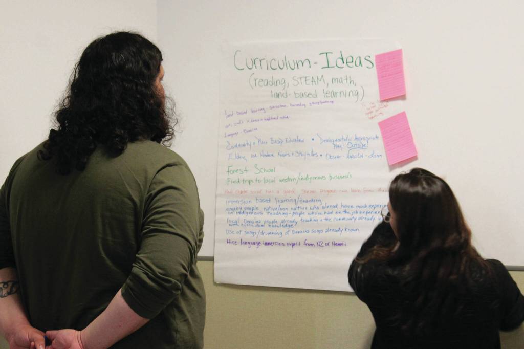Ashlyn OHara/Peninsula Clarion
Attendees share their thoughts about a Denaina-focused charter school at a meeting hosted by the Kenaitze Indian Tribe on Thursday in Kenai.