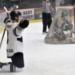 Gavin Duckworth of the Kenai River Brown Bears celebrates his goal Sunday, March 31, 2024, at the Soldotna Regional Sports Complex in Soldotna, Alaska. (Photo by Jeff Helminiak/Peninsula Clarion)