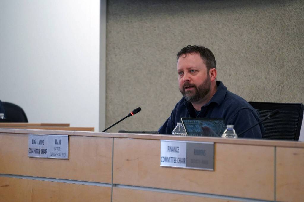 Assembly Member Bill Elam asks questions of representatives of the Kenai Peninsula Borough School District during a joint work session of the School Board and Kenai Peninsula Borough Assembly in Soldotna, Alaska, on Tuesday, April 2, 2024. (Jake Dye/Peninsula Clarion)