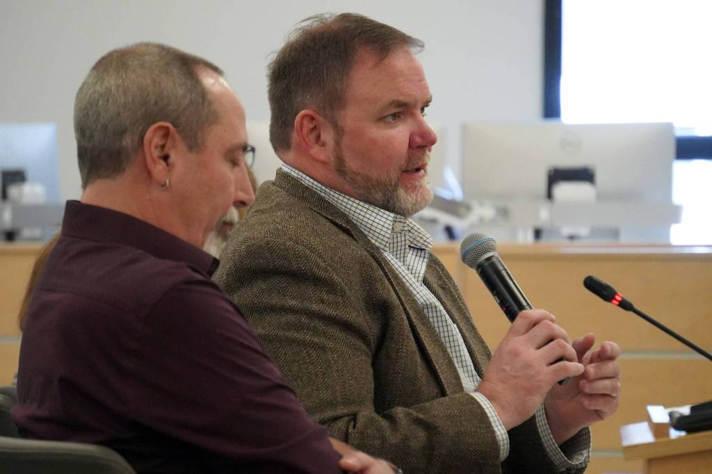 Kenai Peninsula Borough School District Superintendent Clayton Holland responds to questions during a joint worksession of the School Board and Kenai Peninsula Borough Assembly in Soldotna, Alaska, on Tuesday, April 2, 2024. (Jake Dye/Peninsula Clarion)