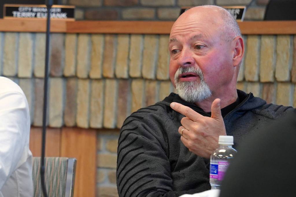City Council member James Baisden speaks during a work session of the Kenai City Council in Kenai, Alaska, on Wednesday, April 3, 2024. (Jake Dye/Peninsula Clarion)