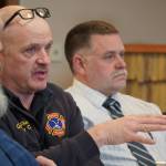 Kenai Fire Department Deputy Chief John Harris and Kenai Police Department Chief David Ross respond to questions about their facility during a work session of the Kenai City Council in Kenai, Alaska, on Wednesday, April 3, 2024. (Jake Dye/Peninsula Clarion)