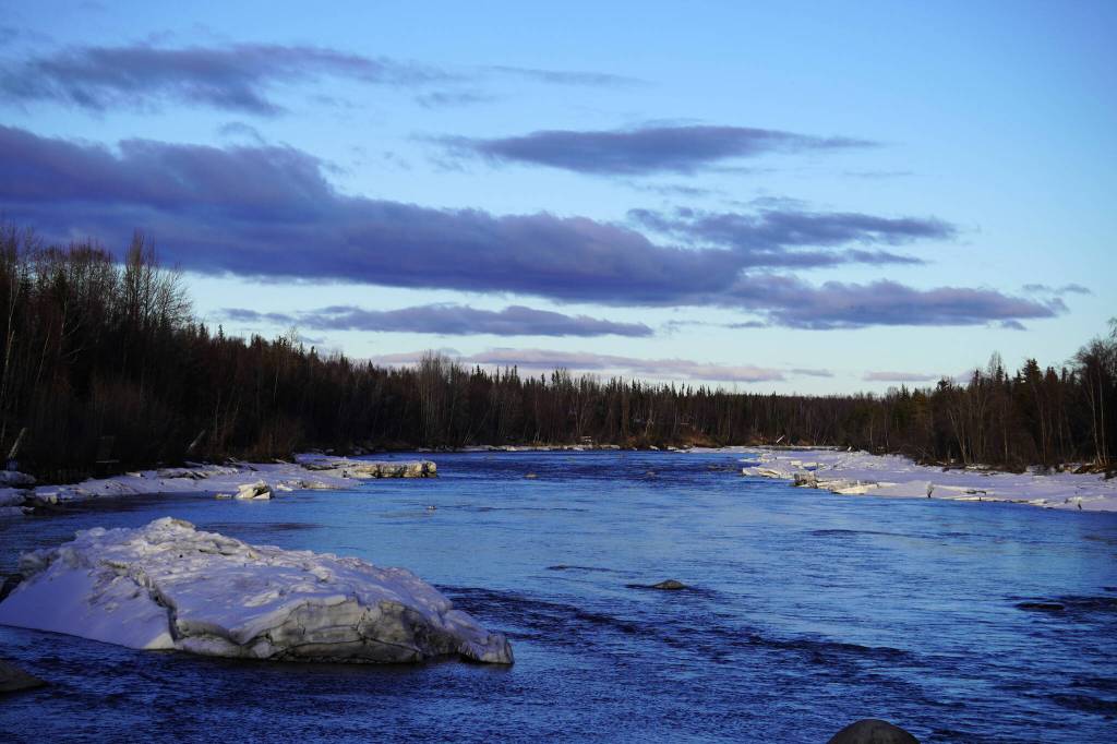 The Kenai River flows near Soldotna Creek Park in Soldotna, Alaska, on Wednesday, April 10, 2024. The Riverfront Redevelopment project will impact much of Soldotnas riverside areas downstream to the bridge. (Jake Dye/Peninsula Clarion)