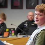 Corey Cannon, who plays baseball as part of Soldotna Little League, speaks to the Soldotna City Council during their meeting in Soldotna, Alaska, on Wednesday, April 10, 2024. (Jake Dye/Peninsula Clarion)