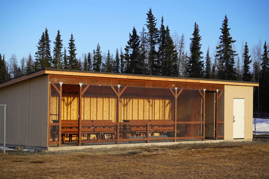 A completed new dugout at the Soldotna Little League Ball Park in Soldotna, Alaska, on Wednesday, April 10, 2024. (Jake Dye/Peninsula Clarion)