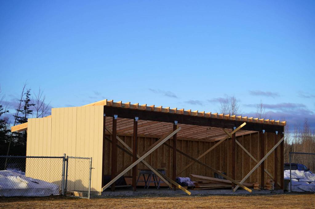 A replacement dugout is under construction at the Soldotna Little League Ball Park in Soldotna, Alaska, on Wednesday, April 10, 2024. (Jake Dye/Peninsula Clarion)
