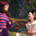 Lily Miles-Dafoe is the Cheshire Cat and Aurora Bukac is Alice in a rehearsal of Seward High School Theatre Collectives production of Alice in Wonderland at Seward High School in Seward, Alaska, on Thursday, April 11, 2024. (Jake Dye/Peninsula Clarion)