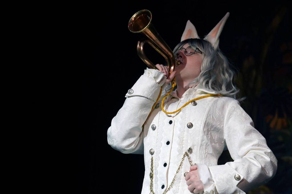 Rebecca Brackin is the White Rabbit in a rehearsal of Seward High School Theatre Collectives production of Alice in Wonderland at Seward High School in Seward, Alaska, on Thursday, April 11, 2024. (Jake Dye/Peninsula Clarion)