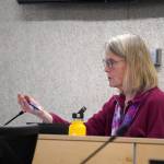 Penny Vadla speaks during a special meeting of the Kenai Peninsula Borough School Districts school board in Soldotna, Alaska, on Monday, April 15, 2024. Vadla would be the only member of the board to vote against passing a budget that implements a swath of cuts to support staff and extracurriculars. (Jake Dye/Peninsula Clarion)
