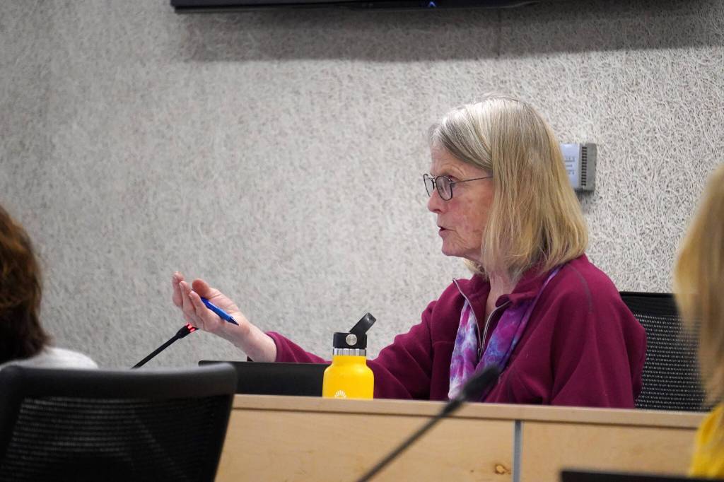 Penny Vadla speaks during a special meeting of the Kenai Peninsula Borough School Districts school board in Soldotna, Alaska, on Monday, April 15, 2024. Vadla would be the only member of the board to vote against passing a budget that implements a swath of cuts to support staff and extracurriculars. (Jake Dye/Peninsula Clarion)