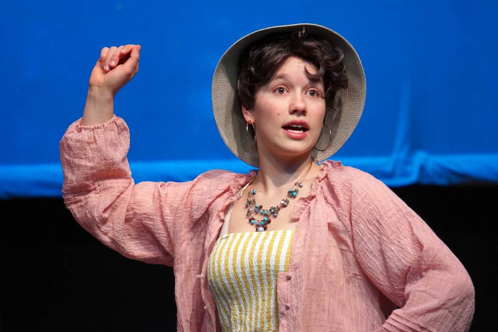 Maggie Grenier rehearses Mamma Mia at Nikiski Middle/High School in Nikiski, Alaska, on Tuesday, April 16, 2024. (Jake Dye/Peninsula Clarion)