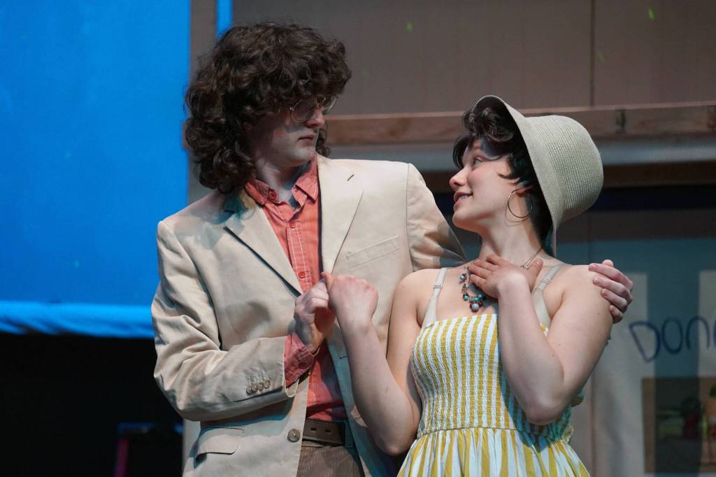 Kincaid Jenness and Maggie Grenier rehearse Mamma Mia at Nikiski Middle/High School in Nikiski, Alaska, on Tuesday, April 16, 2024. (Jake Dye/Peninsula Clarion)
