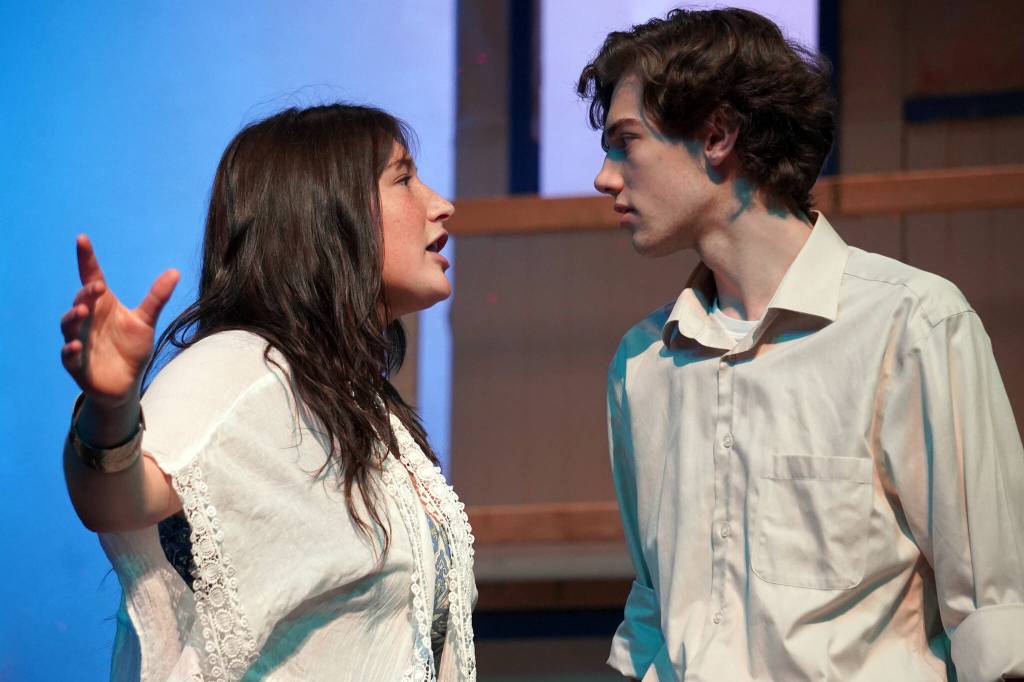 Leora McCaughey and Kyler Allen rehearse Mamma Mia at Nikiski Middle/High School in Nikiski, Alaska, on Tuesday, April 16, 2024. (Jake Dye/Peninsula Clarion)