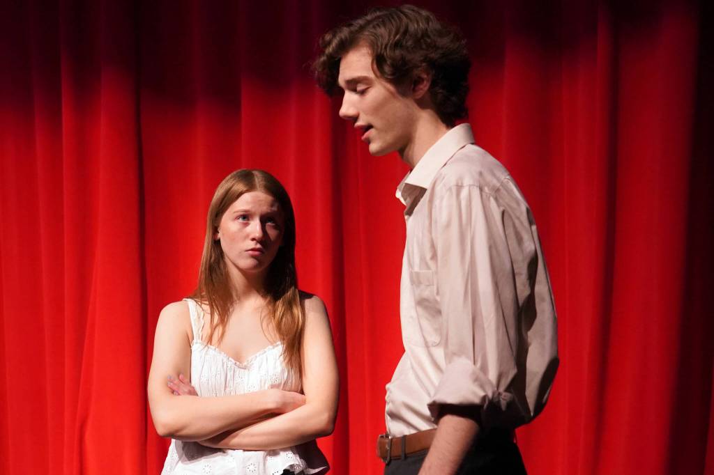Julia Smith and Kyler Allen rehearse Mamma Mia at Nikiski Middle/High School in Nikiski, Alaska, on Tuesday, April 16, 2024. (Jake Dye/Peninsula Clarion)