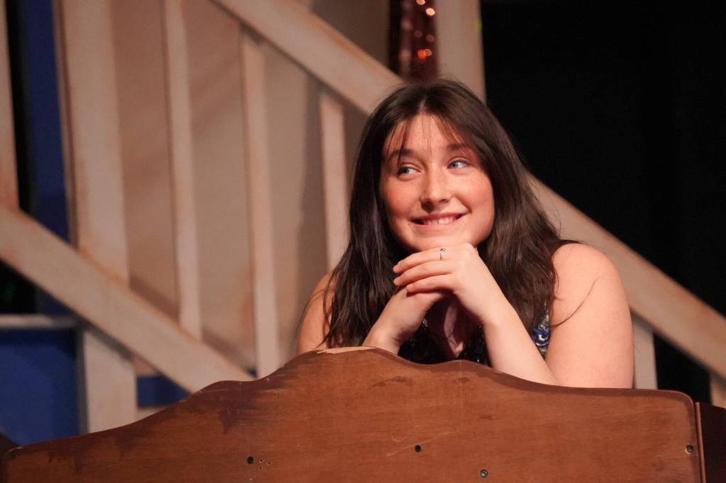 Leora McCaughey rehearses Mamma Mia at Nikiski Middle/High School in Nikiski, Alaska, on Tuesday, April 16, 2024. (Jake Dye/Peninsula Clarion)