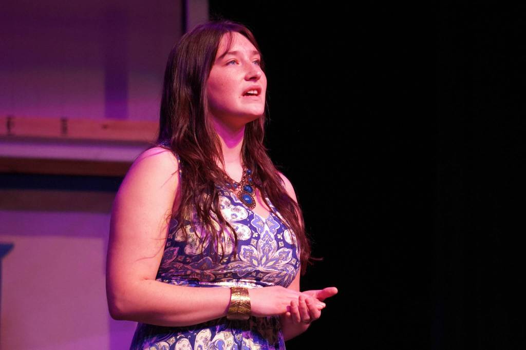 Leora McCaughey rehearses Mamma Mia at Nikiski Middle/High School in Nikiski, Alaska, on Tuesday, April 16, 2024. (Jake Dye/Peninsula Clarion)