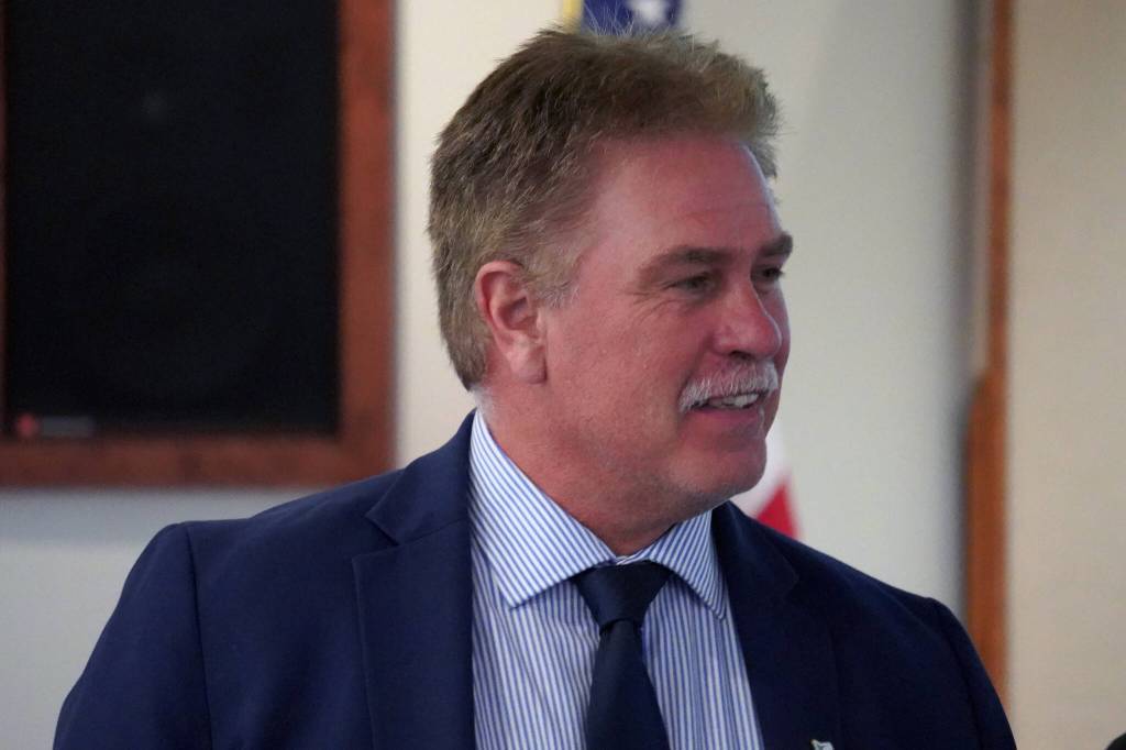 City of Kenai Mayor Brian Gabriel presents State of the City at the Kenai Chamber of Commerce and Visitors Center in Kenai, Alaska, on Wednesday, April 17, 2024. (Jake Dye/Peninsula Clarion)