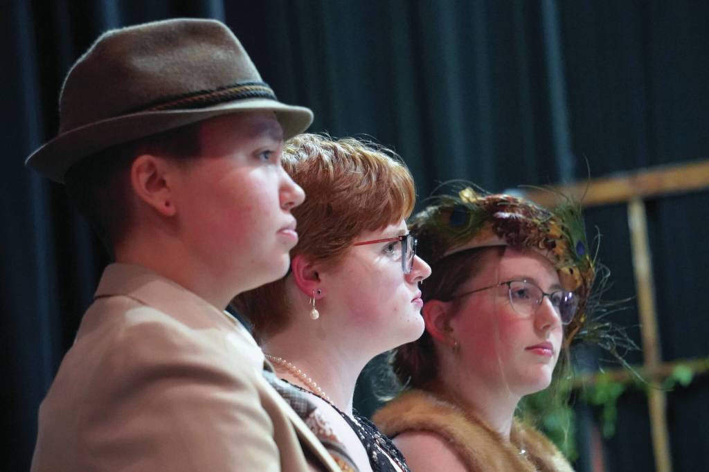 Jake Dye/Peninsula Clarion
Chloe Jacko, Ada Bon and Emerson Kapp rehearse Clue at Soldotna High School in Soldotna, Alaska, on Thursday, April 18, 2024.
