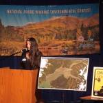 Lucia Micciche presents her proposal for new warning signs around Cook Inlet mud flats to a panel of judges in the 34th Annual Caring for the Kenai Competition at Kenai Central High School in Kenai, Alaska, on Thursday, April 18, 2024. (Jake Dye/Peninsula Clarion)