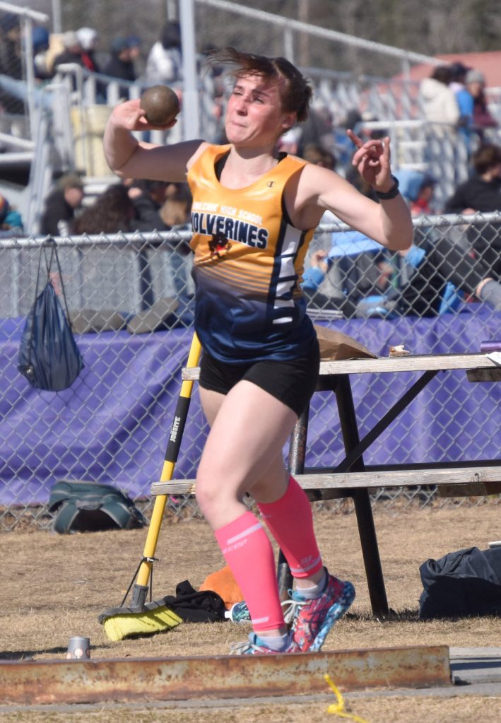 Ninilchiks Adelyn McCorison finishes fourth in the shot put Saturday, April 27, 2024, at the Kenai Invitational at Kenai Central High School in Kenai, Alaska. (Photo by Jeff Helminiak/Peninsula Clarion)
