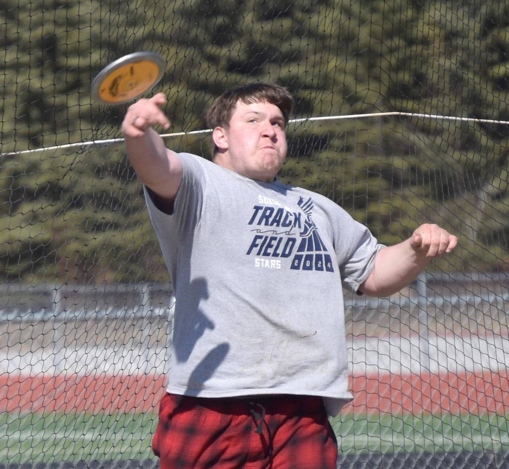 Soldotnas Kevin Steger wins the discus Saturday, April 27, 2024, at the Kenai Invitational at Kenai Central High School in Kenai, Alaska. (Photo by Jeff Helminiak/Peninsula Clarion)