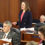Rep. Sarah Vance, a Homer Republican, discusses a bill she sponsored requiring age verification to visit pornography websites while Rep. Andrew Gray, an Anchorage Democrat who added an amendment prohibiting children under 14 from having social media accounts, listens during a House floor session Friday. (Mark Sabbatini / Juneau Empire)