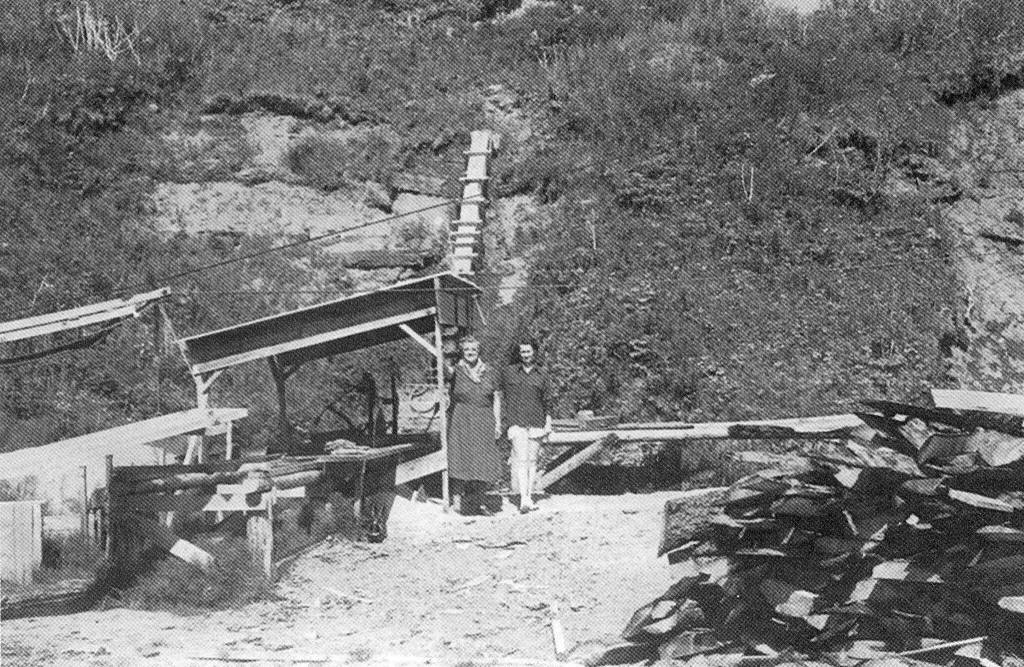 Photo from Snapshot at Statehood, by the Kenai Peninsula Historical Association
Two unidentified women pose near Rex Hanks sawmill operation near the mouth of Happy Creek, circa 1950.