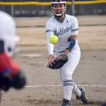 Soldotnas Isabelle Cruz delivers to Kenai Central on Tuesday, April 30, 2024, at the Soldotna Little League fields in Soldotna, Alaska. (Photo by Jeff Helminiak/Peninsula Clarion)