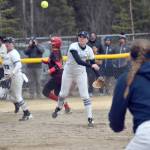 Soldotna third baseman Juliet Innes throws to first Tuesday, April 30, 2024, at the Soldotna Little League fields in Soldotna, Alaska. (Photo by Jeff Helminiak/Peninsula Clarion)