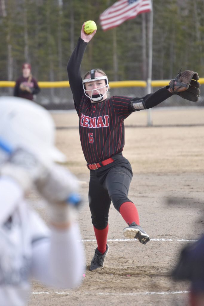 Kenai Centrals Lola McEwen delivers to Soldotna on Tuesday, April 30, 2024, at the Soldotna Little League fields in Soldotna, Alaska. (Photo by Jeff Helminiak/Peninsula Clarion)
