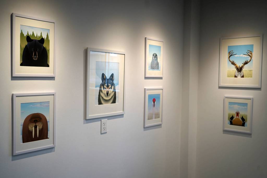 Art by Charles Atkins fills the walls of the Kenai Art Center in Kenai, Alaska, on Wednesday, May 1, 2024. (Jake Dye/Peninsula Clarion)